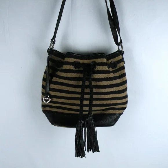 RARE Brighton Alder Black & Taupe Striped Leather Tassel Shoulder Crossbody Bag - Picture 2 of 10